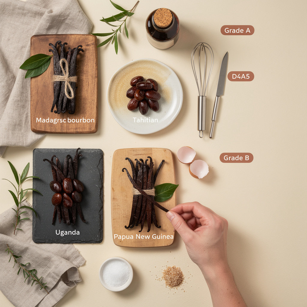 FITNCLEAN VANILLA premium vanilla beans from Madagascar, Tahitian, Uganda and Papua New Guinea origins showing Grade A moist plump pods