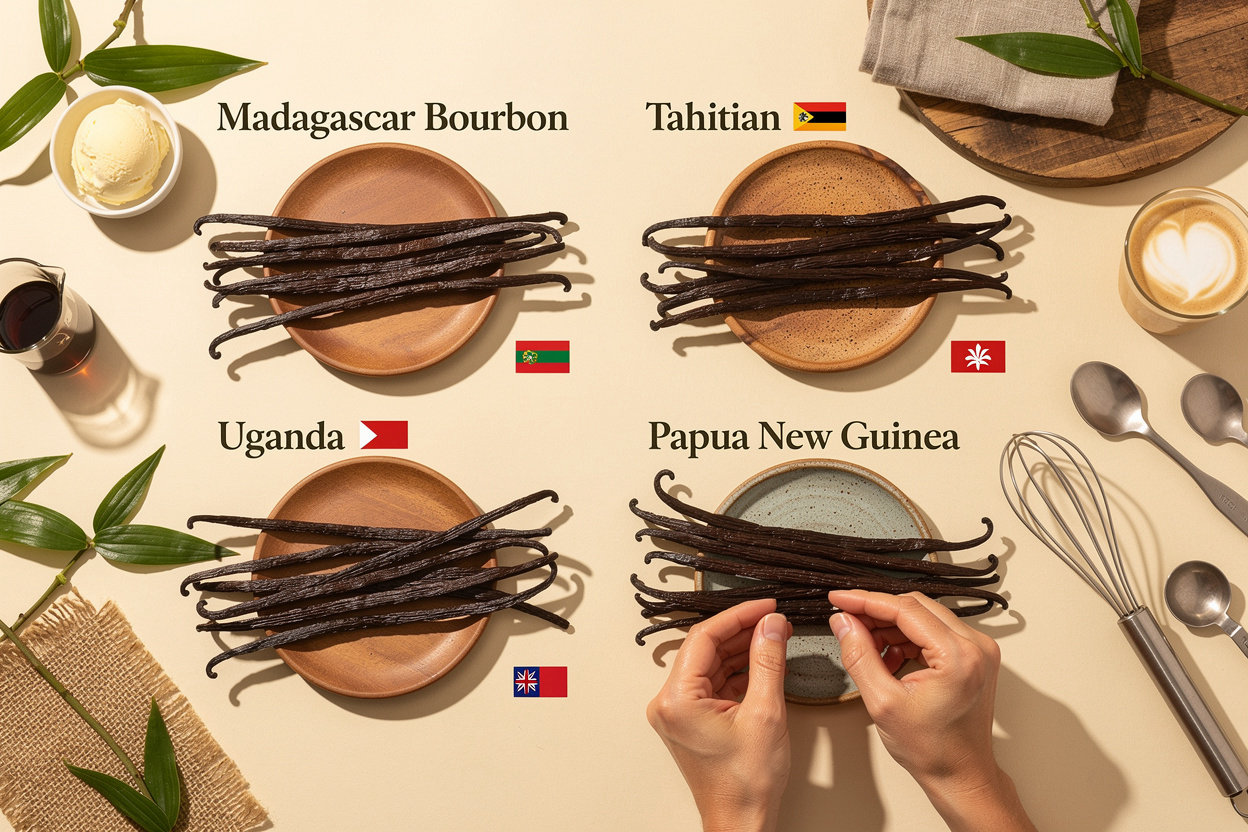FITNCLEAN VANILLA premium Grade A and Grade B Madagascar Bourbon, Tahitian, Uganda, and Papua New Guinea vanilla beans displayed with fresh aroma